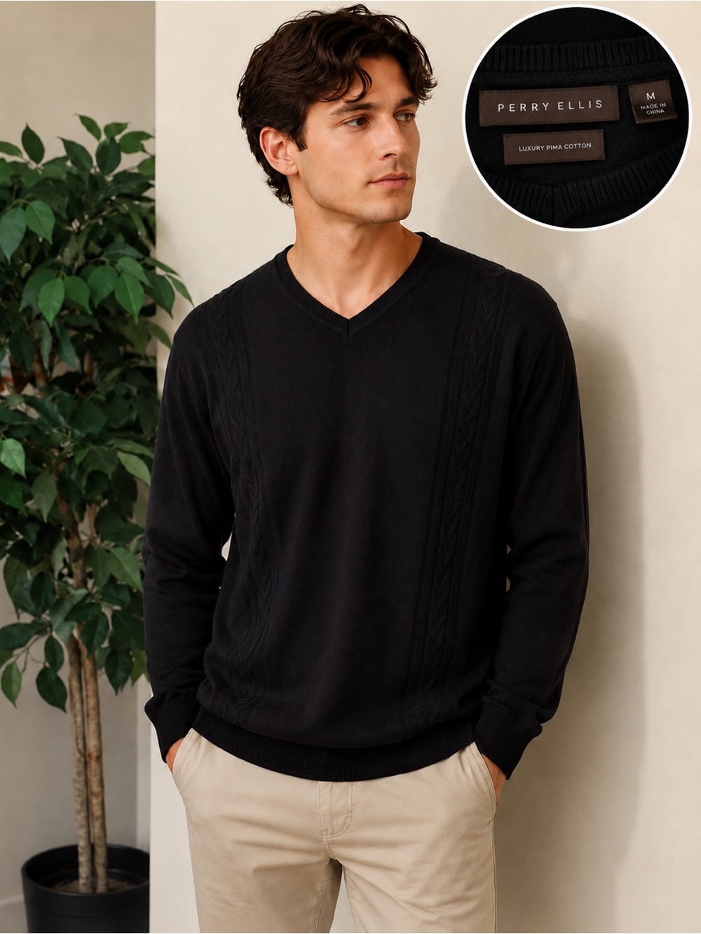 Perry Ellis Luxury Pima Cotton Black V-Neck Sweater Men’s Medium Cable Knit